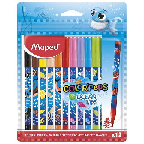 48897 Фломастеры MAPED COLOR'PEPS Ocean Life, 12 цветов, смываемые, вентилируемый колпачок 845701